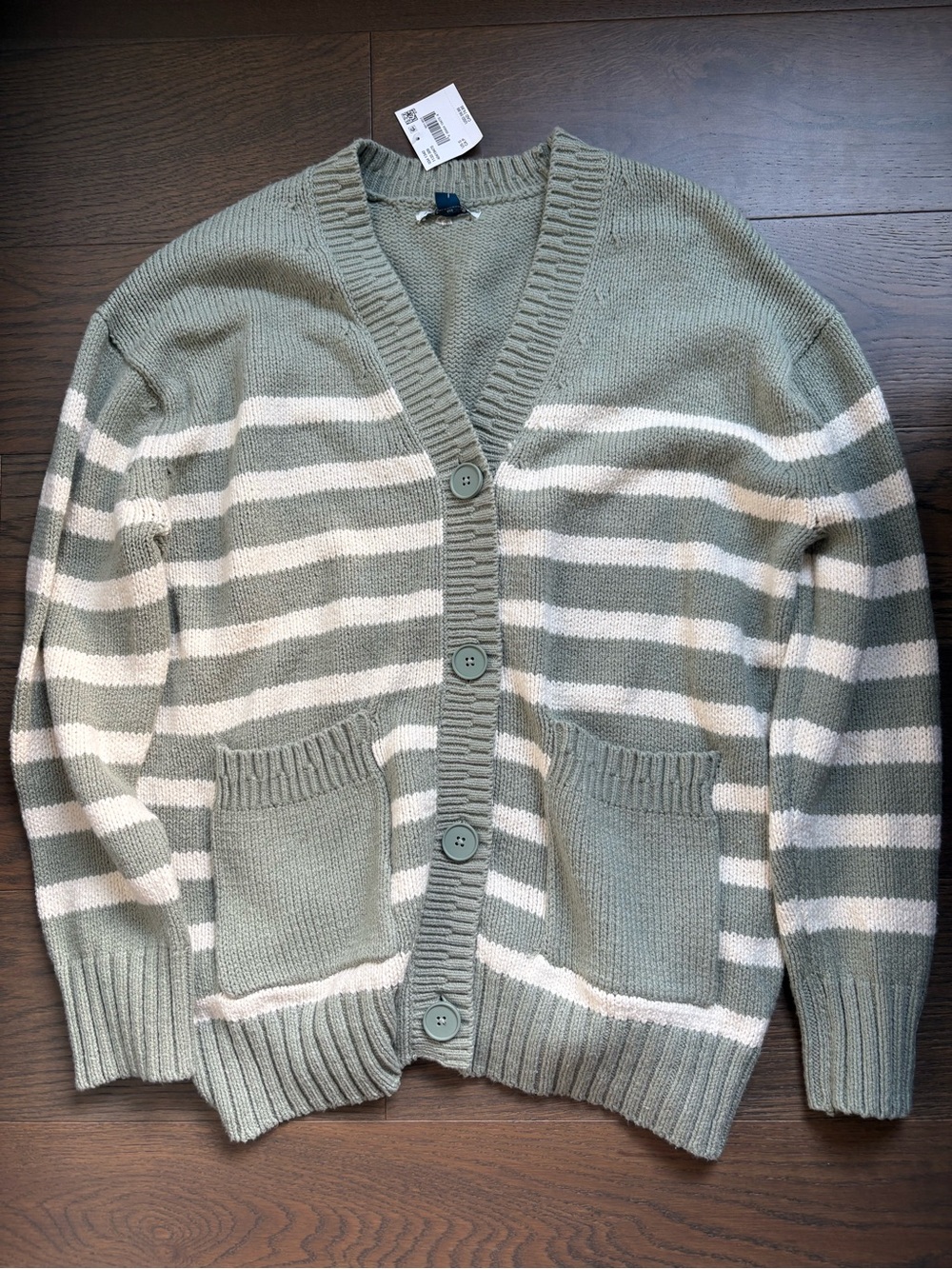American Eagle Striped Sage and Cream V-Neck Button Cardigan